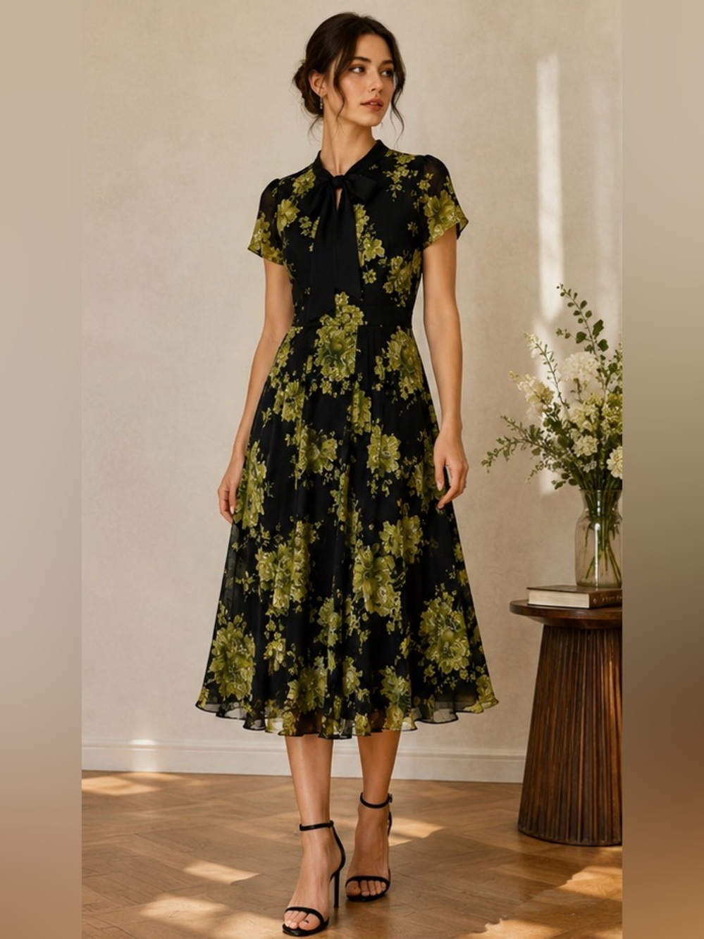 Vintage Black & Olive Floral Midi Dress Bow Tie Neck Fit & Flare Size M